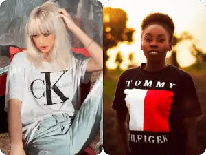 Left Side: Grunge Calvin Klein Model with blonde hair, bangs and dark makeup wearing white classic CK T-shirt and light washed jeans. The model has a smouldering look on her face with a few tattoos on her arms. She is sitting in a relaxed pose against a glass background Right Side: Preppy model with an afro hairstyle and a calm look. She is wearing a black tommy hilfiger color blocked logo t-shirt against a soft sunset field background.